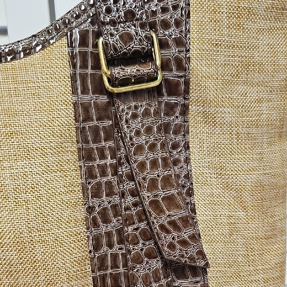 Vintage Estee Lauder Beige Canvas Tote with Brown Croc-Embossed Trim